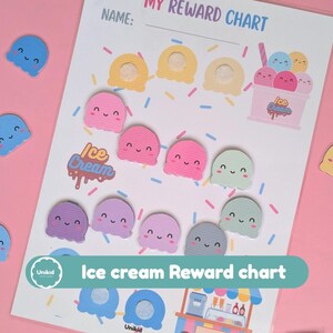 May include: An ice cream-themed reward chart with colorful ice cream scoop stickers. The chart features spaces for rewards, a cute ice cream cone illustration, and the text "Ice cream Reward chart".