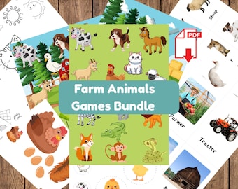 Farm Animals Activity Bundle: Montessori Flashcards, Coloring Pages, Games (Printable Digital Download)