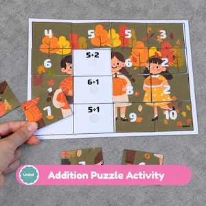 Rompecabezas de sumas para niños / Actividad imprimible de sumas matemáticas / Rompecabezas de emparejamiento de números / Juego de matemáticas para preescolar y jardín de infantes / Actividad de otoño