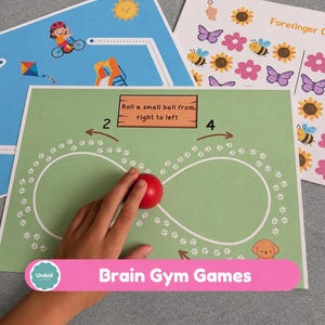 May include: A green activity sheet featuring an infinity loop path with paw print outlines, a red ball, and text that reads Roll a small ball from right to left. Additional sheets show a blue background with a child on a bicycle and a white sheet titled Forefinger Gym with flowers, bees, and butterflies.