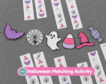 May include: A Halloween matching activity set featuring paper cutouts of a purple bat, a black spider web, a white ghost, a candy corn, a pink witch hat, and a purple candy, alongside vertical strips with repeating icons and the text Halloween Matching Activity.