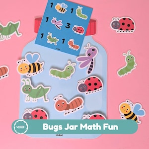 May include: A colorful educational game featuring bug-themed cutouts and a jar-shaped background. The game includes ladybugs, bees, and caterpillars, with numbers on a blue card. The text "Bugs Jar Math Fun" is displayed on the bottom.