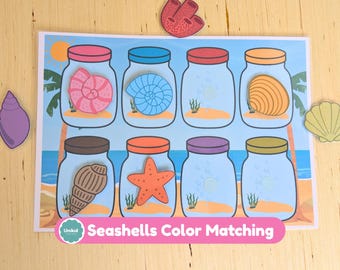 Atividade de Combinação de Cores com Conchas | Jogo Imprimível para Educação Infantil | Atividade de Verão para Crianças em Idade Pré-Escolar e Aprendizado de Cores em Casa