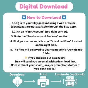 K&ouml;nnte beinhalten: Eine t&uuml;rkisfarbene Grafik mit Anweisungen zum Herunterladen eines digitalen Produkts von Etsy. Der Text enth&auml;lt Schritte zum Herunterladen, mit Symbolen f&uuml;r Herunterladen, Drucken und Laminieren. Der Titel "Digitaler Download" ist rosa.