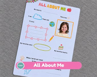 May include: A white All About Me worksheet featuring colorful illustrations including a red apple, a blue cloud, a globe, a yellow pencil, a heart-bordered frame, and a photo of a child. The page includes prompts for name, age, favorites, and future goals.