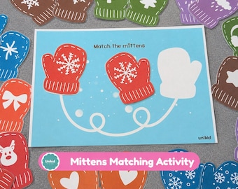 Puede incluir: Una hoja de actividades educativa de color azul claro titulada Match the mittens con dos manoplas rojas con patrones de copos de nieve blancos y un contorno de manopla blanca vacío conectados por una línea blanca. Alrededor de la hoja hay varias manoplas de papel coloridas con diferentes diseños como renos, lazos y copos de nieve.
