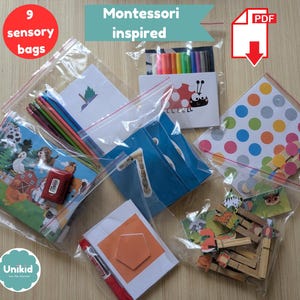 9 attività con la borsa con cerniera - PDF stampabile - Solo download - Kit di apprendimento per bambini - Borse per attività nel tempo libero, giochi da viaggio, sviluppo delle capacità motorie fini
