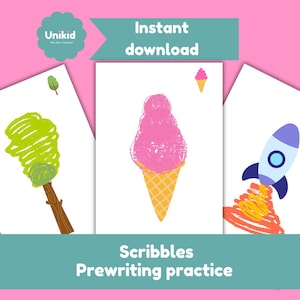 May include: Three white cards with colorful drawings: a green tree, a pink ice cream cone, and a blue rocket with orange flames. The cards are labeled "Scribbles Prewriting practice" and "Instant download". A Unikid logo is in the top left.