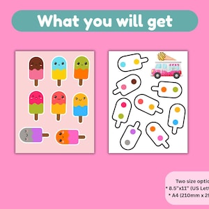 K&ouml;nnte beinhalten: Auf rosa Hintergrund sind zwei Sets bunter Eis am Stiel-Aufkleber abgebildet. Ein Set zeigt l&auml;chelnde Eis am Stiel, das andere Umrisse. Der Text "What you will get" steht oben. Gr&ouml;&szlig;enoptionen: 8,5"x11" und A4 (210mm x 297mm).