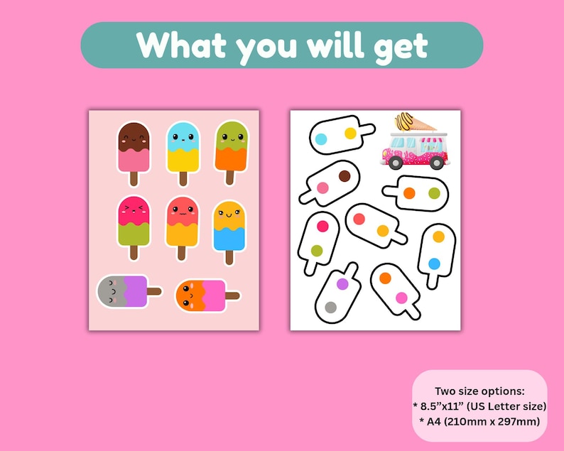 K&ouml;nnte beinhalten: Auf rosa Hintergrund sind zwei Sets bunter Eis am Stiel-Aufkleber abgebildet. Ein Set zeigt l&auml;chelnde Eis am Stiel, das andere Umrisse. Der Text "What you will get" steht oben. Gr&ouml;&szlig;enoptionen: 8,5"x11" und A4 (210mm x 297mm).