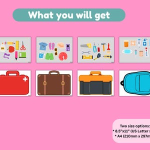Puede incluir: Un fondo rosa con el texto "What you will get" encima de ocho imágenes ilustradas. Las imágenes representan útiles escolares, artículos de vacaciones, herramientas, suministros médicos, un botiquín de primeros auxilios, una maleta, una caja de herramientas y una mochila. Texto en la parte inferior: "Two size options: 8.5"x11" (US Letter size) * A4 (210mm x 297mm)".