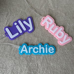 May include: Three name tags in purple, pink, and blue, each with a white outline and a clear plastic loop. The tags display the names "Lily", "Ruby", and "Archie" in a rounded font. Ideal for luggage or bags.