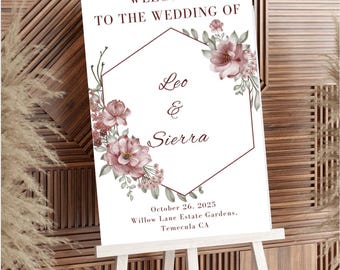 Wedding Welcome Sign | Printable Wedding Sign | Burgundy Welcome Sign Template | Editable Canva Download
