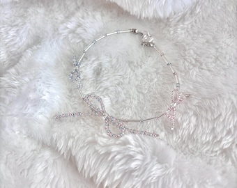 Dainty Bow Beaded Bracelet, Cute Coquette Jewelry, Handmade Pink and Silver Tube Bead Bracelet, Soft Girl Gift