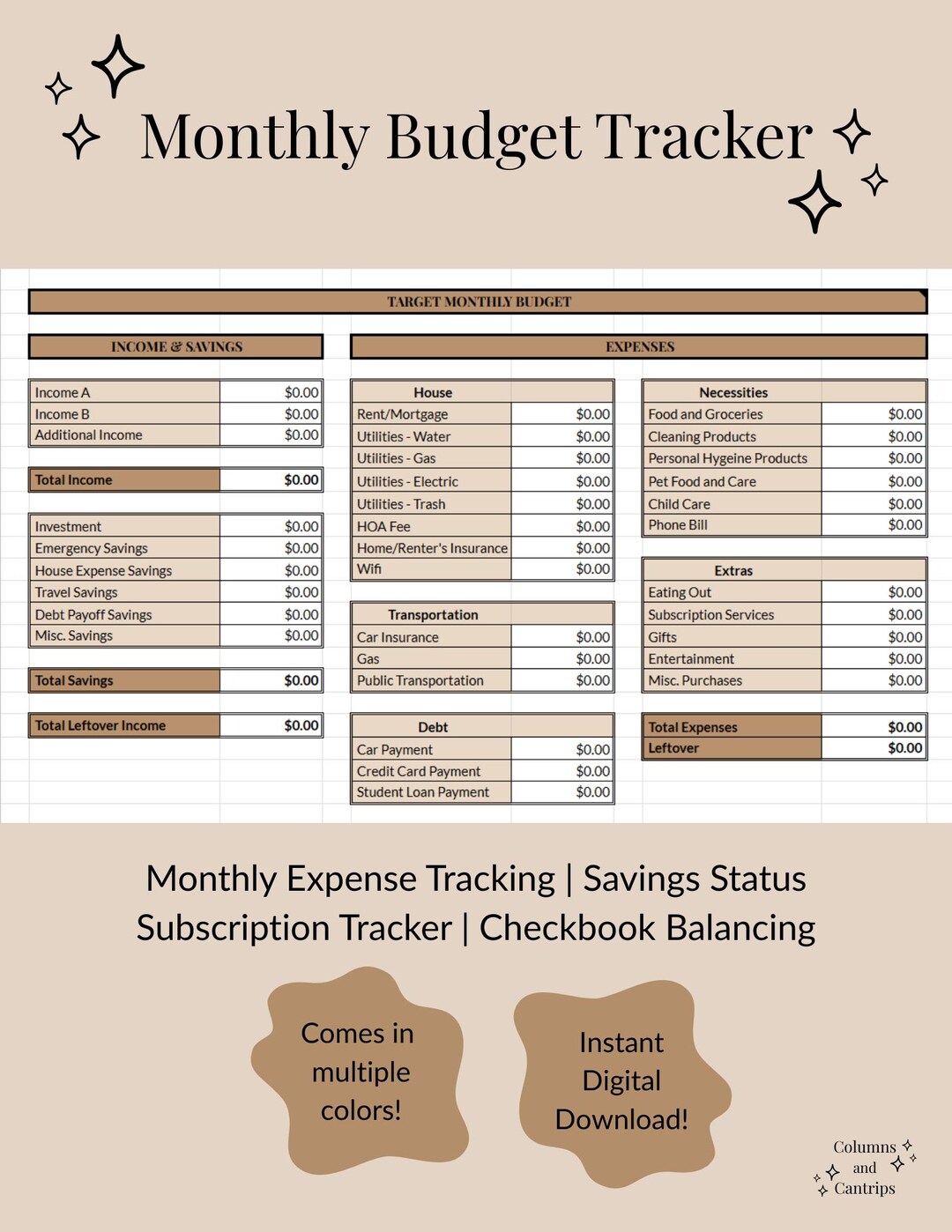 Budget And Account Code Example Monthly Budget Template, Accounts, Savings, and Expense Tracker ...