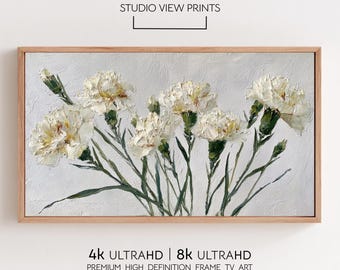 White Carnations Samsung Frame TV Art, Textured Floral Oil Painting, Digital Download, StudioViewPrints
