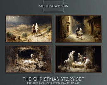 May include: Four framed art prints depicting scenes from the Nativity story. The prints feature figures in biblical settings, with text that reads "STUDIO VIEW PRINTS" and "THE CHRISTMAS STORY SET". The art is framed in brown.