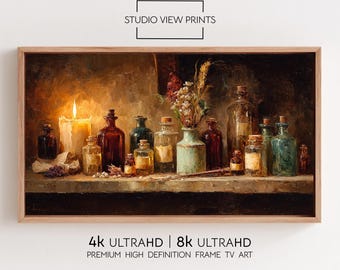Vintage Apothecary Shelf Frame TV Art: Witch Potion Digital Download