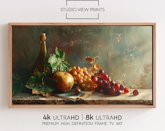 Wine Grapes Still Life Frame TV Art | Rustic Oil painting | Digital Downloadable Art work | Vintage Kitchen Decor 4k 8k frame tv-print