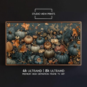 May include: A framed artwork with a harvest theme, displaying pumpkins in blue, orange, and tan hues, set amongst autumn leaves and flowers. The text "STUDIO VIEW PRINTS" and "4K ULTRAHD | 8K ULTRAHD" are visible. The artwork is framed in a gold-toned border.