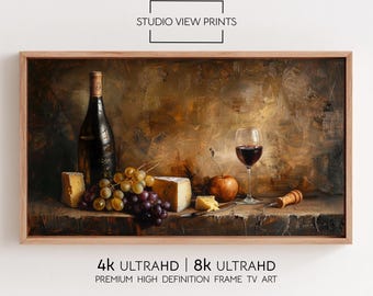 Wine Cheese Still Life Frame TV Art: Vintage Oil Painting (Digital Download 4k/8k