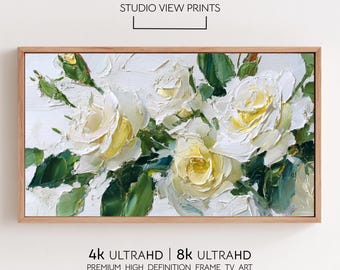 Arte floral para TV Samsung con marco de empasto, rosas texturizadas, pintura al óleo primaveral, StudioViewPrints