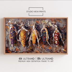 May include: A framed print showcasing five detailed ears of corn in various colours. The kernels are rendered in shades of yellow, red, purple, and white. The artwork is labelled "STUDIO VIEW PRINTS" and "4K ULTRAHD | 8K ULTRAHD".