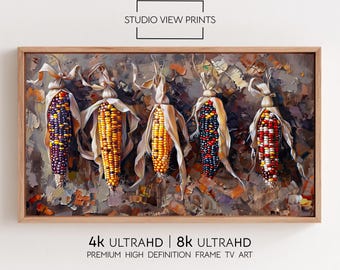 May include: A framed artwork featuring five colorful ears of corn. The corn is depicted in a realistic style, with detailed kernels in shades of yellow, red, purple, and white. The artwork is labeled "STUDIO VIEW PRINTS" and "4K ULTRAHD | 8K ULTRAHD".