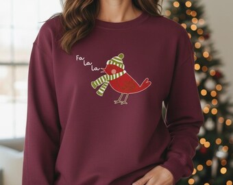 Cardinal Winter Holiday Sweatshirt, Fa La La Caroling Bird Christmas Sweatshirt