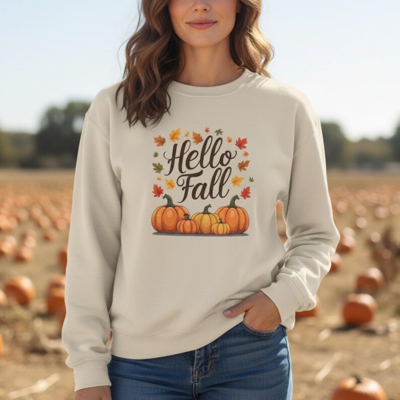 Hello Fall Shirt or Sweatshirt, Pumpkin Patch Tshirt, Autumn Leaves Tee, Fall Season Graphic Tee image 2
