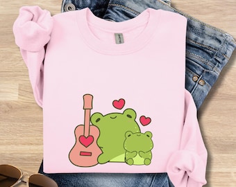 Sweatshirt amour grenouille, grenouilles coeur kawaii, pull art guitare grenouille, sweat-shirt cadeau Saint-Valentin
