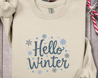 Hello Winter Snowflake Sweatshirt, Pink Cozy Holiday Fleece, Christmas Gift for Her