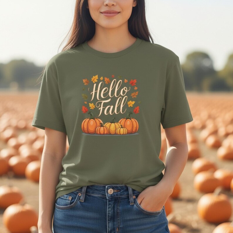 May include: An olive green t-shirt featuring a graphic print of four orange pumpkins and scattered autumn leaves. The text "Hello Fall" is printed in a white cursive font above the pumpkins. The shirt has short sleeves and a crew neckline.