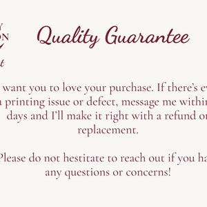 May include: A white informational card featuring a maroon crescent moon logo with intricate patterns and the text Ruby Moon Studio Art. The heading reads Quality Guarantee, followed by text regarding printing issues, refunds, and replacements.