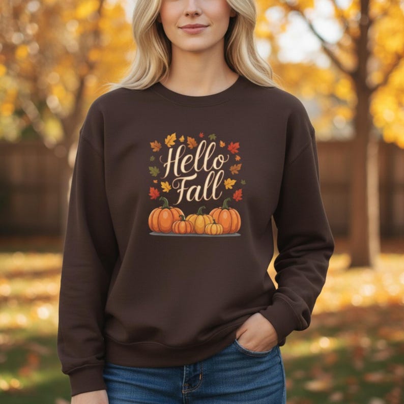 May include: A dark brown crewneck sweatshirt featuring a graphic print with the text "Hello Fall" in a white script font. The design includes a cluster of four orange pumpkins of varying sizes at the base, surrounded by scattered autumn leaves.