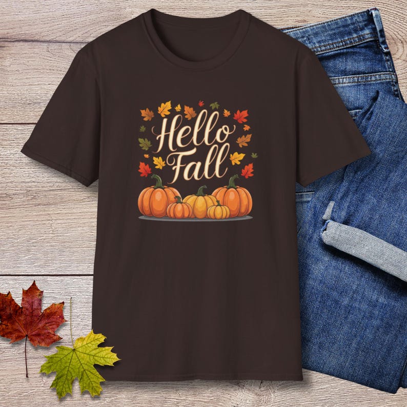May include: A dark brown short-sleeve t-shirt featuring a graphic print of four orange pumpkins and the text Hello Fall in white cursive script, surrounded by small colorful autumn leaves in shades of red, orange, yellow, and green.
