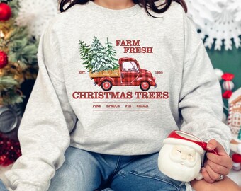 Farm Fresh Christmas Trees Sweatshirt, Tree Farm Shirt, Red Truck Holiday Sweater