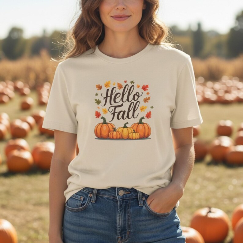 Hello Fall Shirt or Sweatshirt, Pumpkin Patch Tshirt, Autumn Leaves Tee, Fall Season Graphic Tee image 1