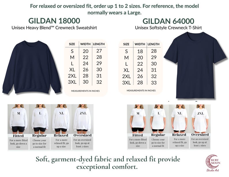 May include: A size chart for Gildan 18000 crewneck sweatshirts and Gildan 64000 crewneck t-shirts. The image displays two tables with width and length measurements in inches for sizes S through 3XL, alongside visual examples of fit variations.
