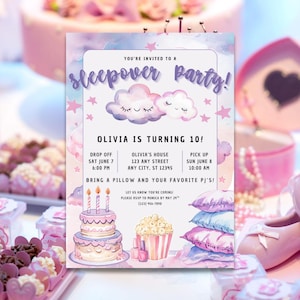 May include: A sleepover party invitation in pink and purple hues, featuring the text "You're invited to a sleepover party!" and "Olivia is turning 10!" The invitation includes drop-off, pick-up, and RSVP details.
