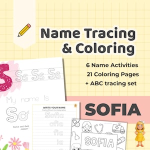 Puede incluir: Juego de actividades imprimibles educativas para niños con páginas para trazar y colorear nombres. El juego incluye 6 actividades de nombres, 21 páginas para colorear y un juego de trazado ABC. El nombre "SOFIA" se muestra.
