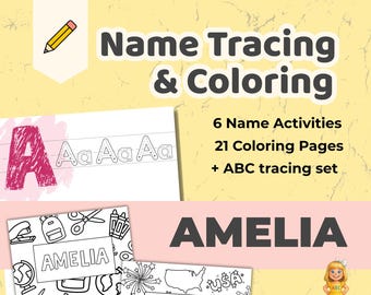 AMELIA - Personalized Name Tracing Sheet for Kids - Preschool Name Practice Worksheet - ABC Handwriting Printable