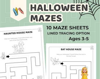 Halloween Maze Worksheet Packet: Preschool Kids Activity (PDF Downloadable Printables)