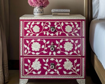 Handmade Bone Inlay Chest of Drawers | 3 Rectangular Drawers with Silver Finish Knobs | Camel Bone Inlay Dresser | Floral Chest of Drawers