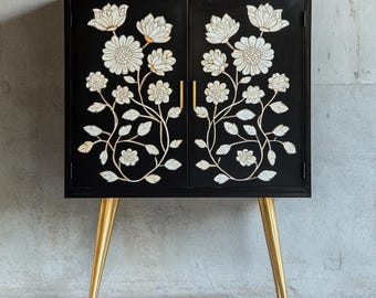 Handmade Bone Inlay Cabinet | Bar Cabinet with Brass Finish Handles and Large Storage Space | Dish Cabinet | Book Cabinet |Floral Bone Inlay