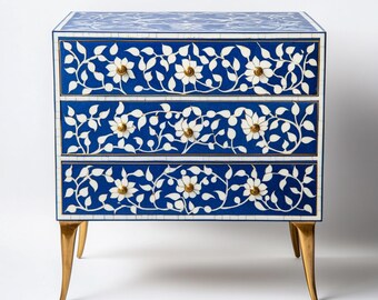 Handmade Bone Inlay Chest of Drawers | 3 Rectangular Drawers with Brass Finish Knobs  and legs| Camel Bone Inlay Dresser | Floral Dresser