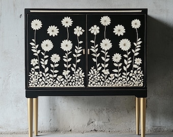 Handmade Bone Inlay Cabinet |Bar Cabinet with Brass Finish Handles and Legs |Dish Cabinet |Console |Camel Bone Entryway Table with Storage