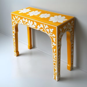 Handgemaakte consoletafel met inlegwerk van been | Rechthoekige entreetafel kameelbeen | Met been ingelegde banktafel | Bureau met beeninleg | Bureau met beeninleg