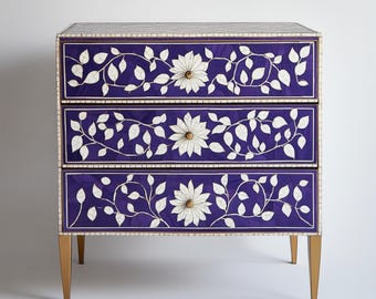 Handmade Bone Inlay Chest of Drawers | 3 Rectangular Drawers with Brass Finish Knobs | Camel Bone Inlay Dresser | Floral Chest of Drawers