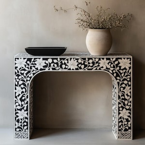 Handmade Bone Inlay Console Table | Camel Bone Inlay Entryway Table | Console Table | Bone Inlay Sofa Table | Buffet Table | Floral Pattern